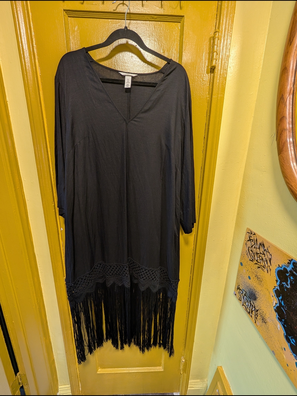 H&M Black Linen-Blend V-Neck Tunic with Fringe